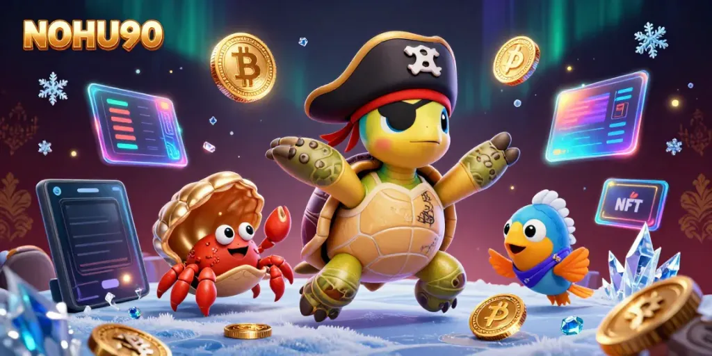Witness a vibrant NOHU90 casino scene with playful characters and cryptocurrency elements surrounding treasure.