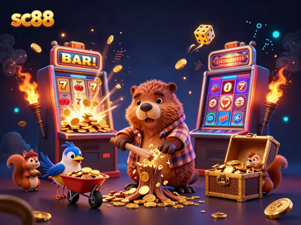 Spin the reels at sc88 with a lively beaver, bird, and squirrel in a vibrant casino scene.