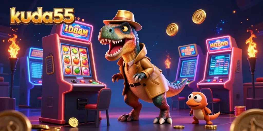 Permainan kuda55 di mesin slot dengan karakter dinosaurus dan suasana kasino yang meriah.