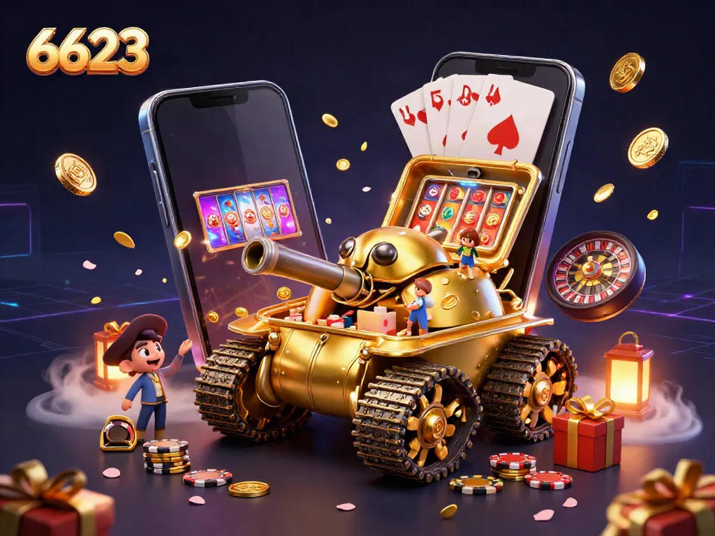 Engage in thrilling gameplay at 6623 with a unique golden beetle casino tank and vibrant slot game.
