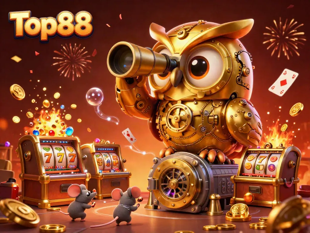 Engage with Top88's casino action featuring a golden owl amidst vibrant game elements and celebratory effects.