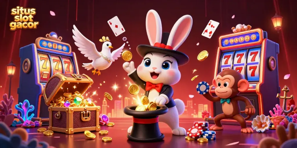 Win big on situs slot gacor with this vibrant 3D casino illustration featuring a magician rabbit and playful characters.