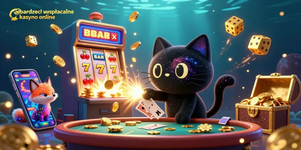 Experience the excitement of najbardziej wypłacalne kasyno online with a cosmic casino illustration featuring a black hole cat and a nebula fox.