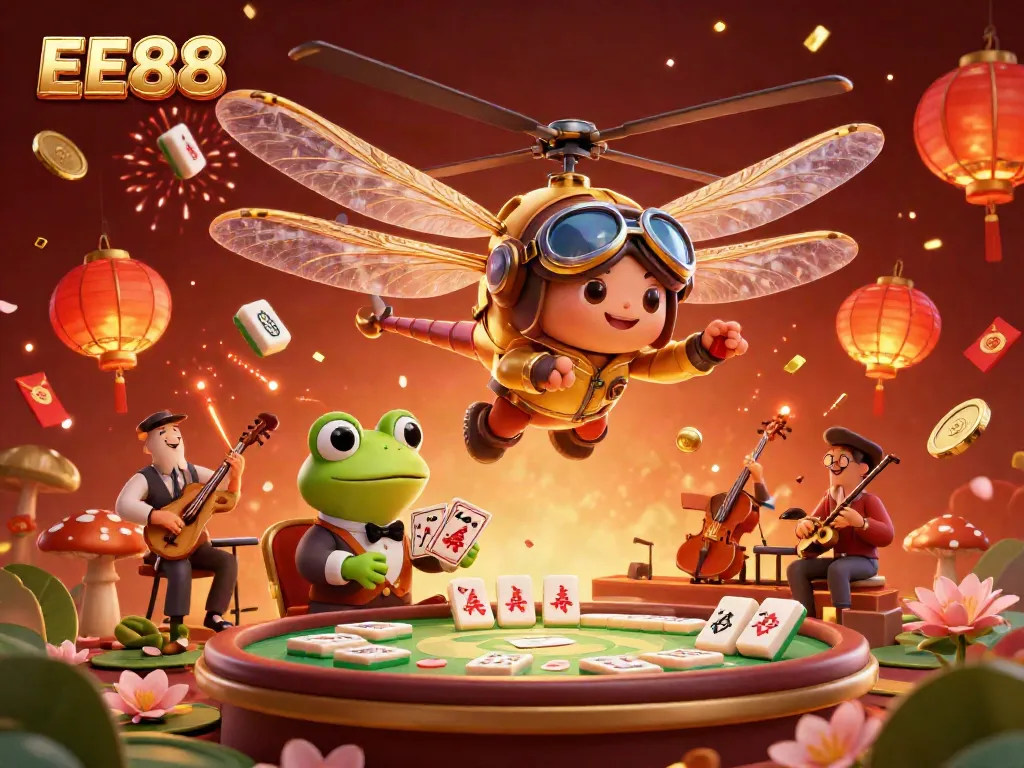 Engage in fun gambling activities with EE88 at a vibrant lily pad casino featuring unique characters and celebratory elements.
