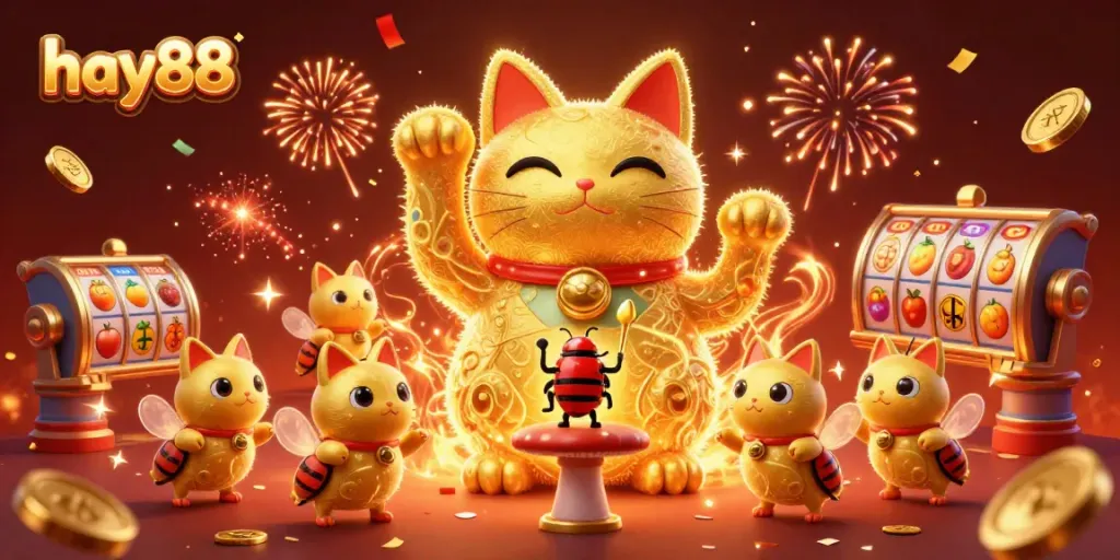 Engage with hay88 by exploring a vibrant casino world featuring a lucky cat and dynamic slot reels.