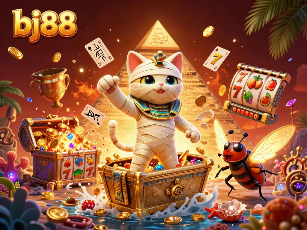 Experience thrilling action as the bj88 Egyptian mummy cat bursts from a sarcophagus in a vibrant casino scene.