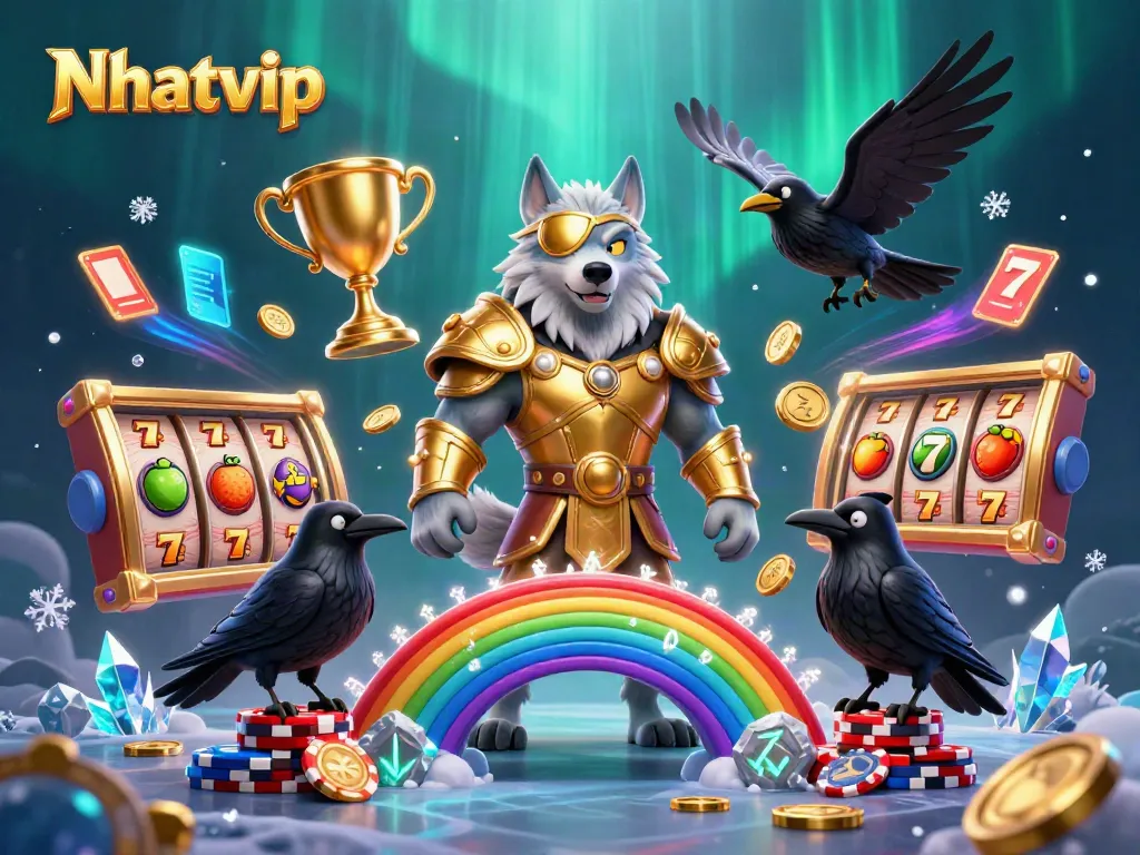 Nhatvip showcases an epic online casino scene with Norse-inspired characters surrounded by dynamic slot gaming elements.