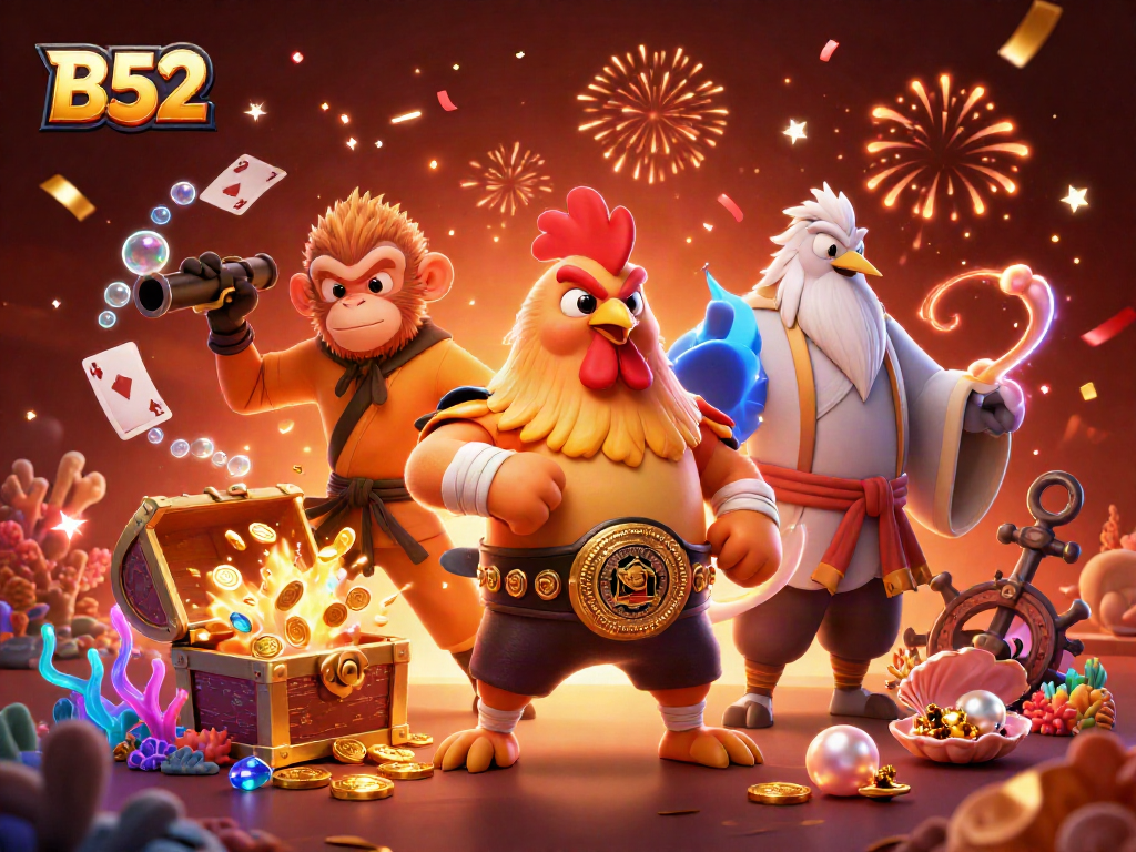 Experience thrilling B52 gameplay with a vibrant casino scene featuring dynamic characters and elements.
