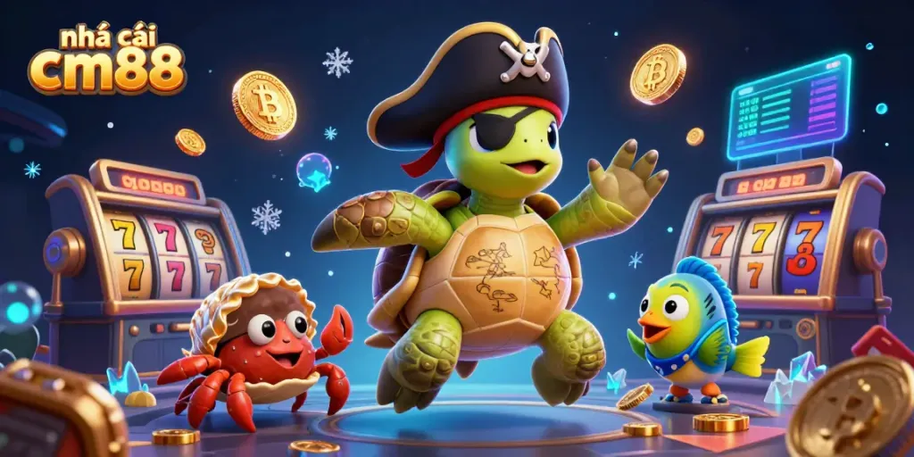 Engage with the vibrant world of nhà cái cm88 featuring a lively pirate turtle and riches from a dynamic casino scene.