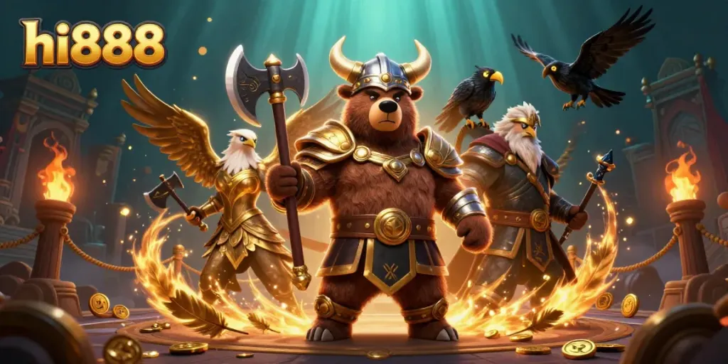 Engage in thrilling adventures with hi888, featuring a Viking bear and Valkyrie eagle in a battle arena.