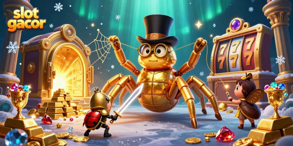 Slot gacor menampilkan ilustrasi 3D yang dinamis dengan tarantula emas dan pahlawan kecil.