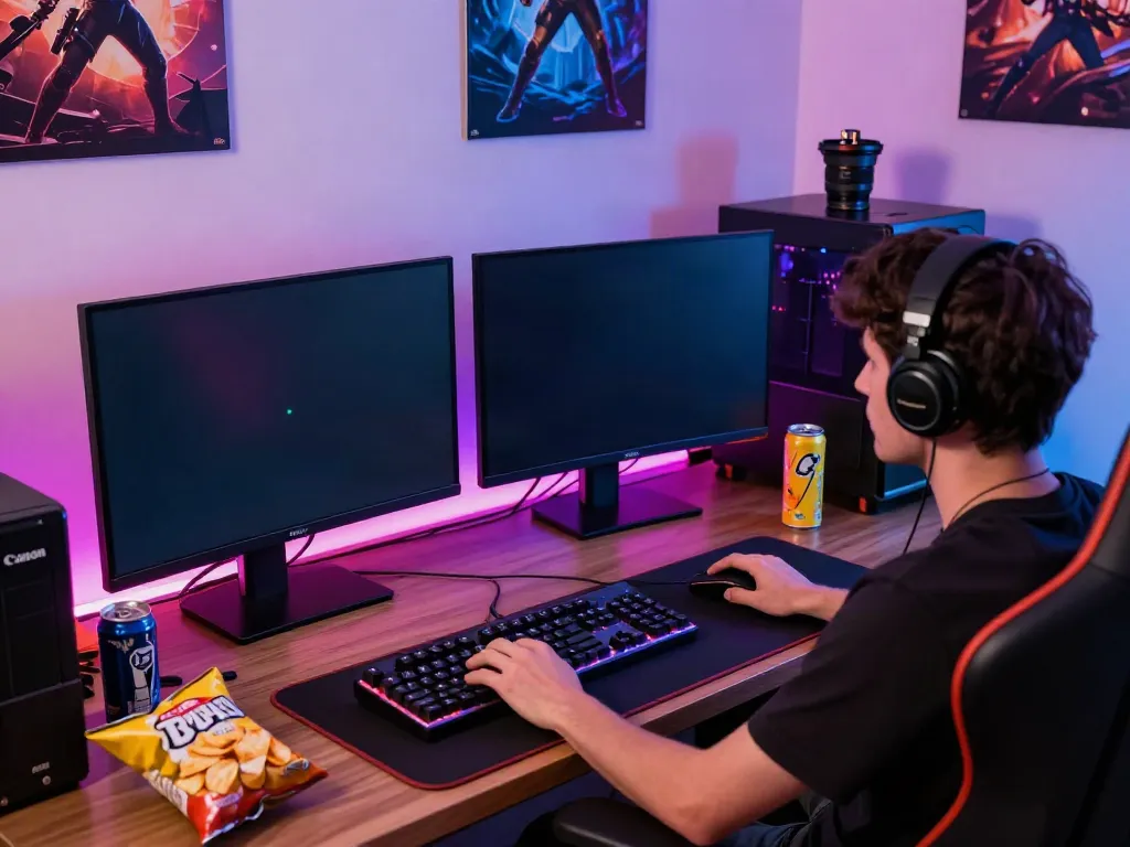 Engaging gaming scene featuring a player at a dual-screen setup focusing on tusuk88 game graphics.