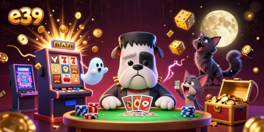 Experience the thrilling casino adventure with e39, featuring lively characters and vibrant game elements.