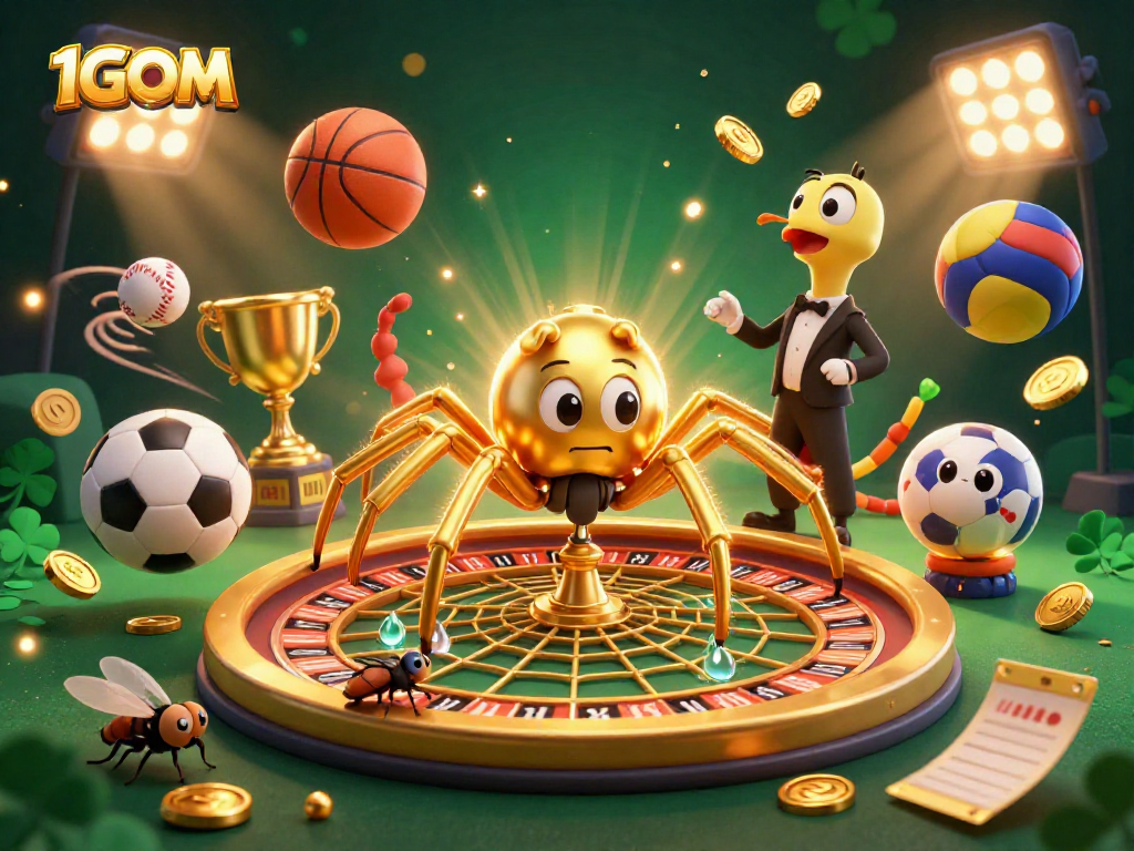 Engage in thrilling bets at 1GOM with a dynamic scene of a golden spider and sports action.