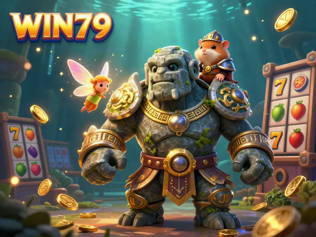Experience the excitement of WIN79 with a magical scene featuring slot reels and vibrant characters.