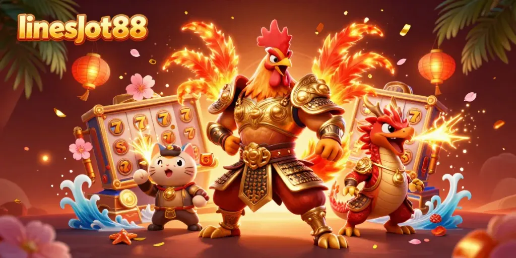 Engage with lineslot88 as dynamic characters celebrate jackpots amidst colorful casino elements.
