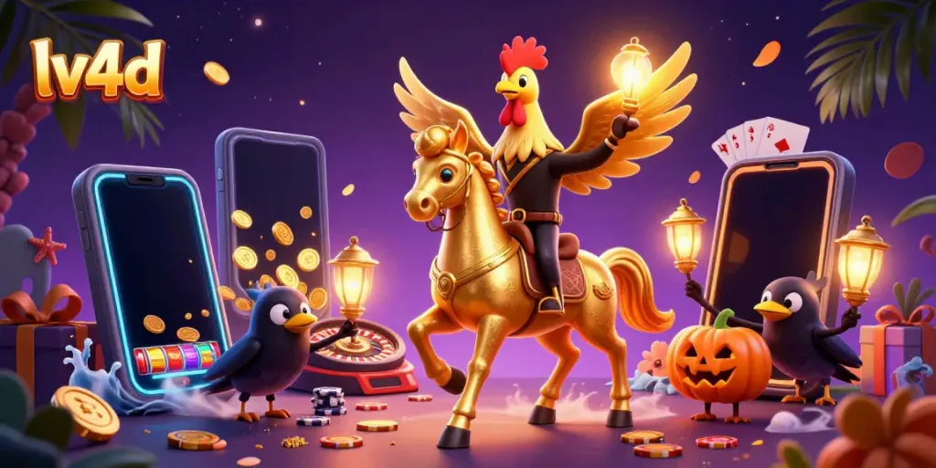 Experience the lv4d action with a golden rooster headless horseman and casino gaming elements.