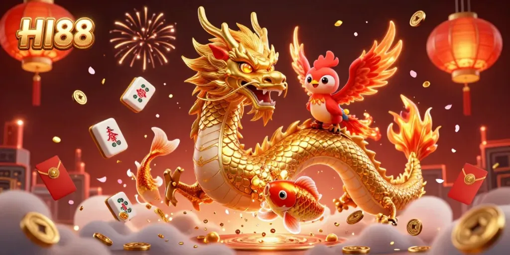 Experience winning luck at HI88 with vibrant dragons, coins, and gaming elements in a dynamic casino illustration.