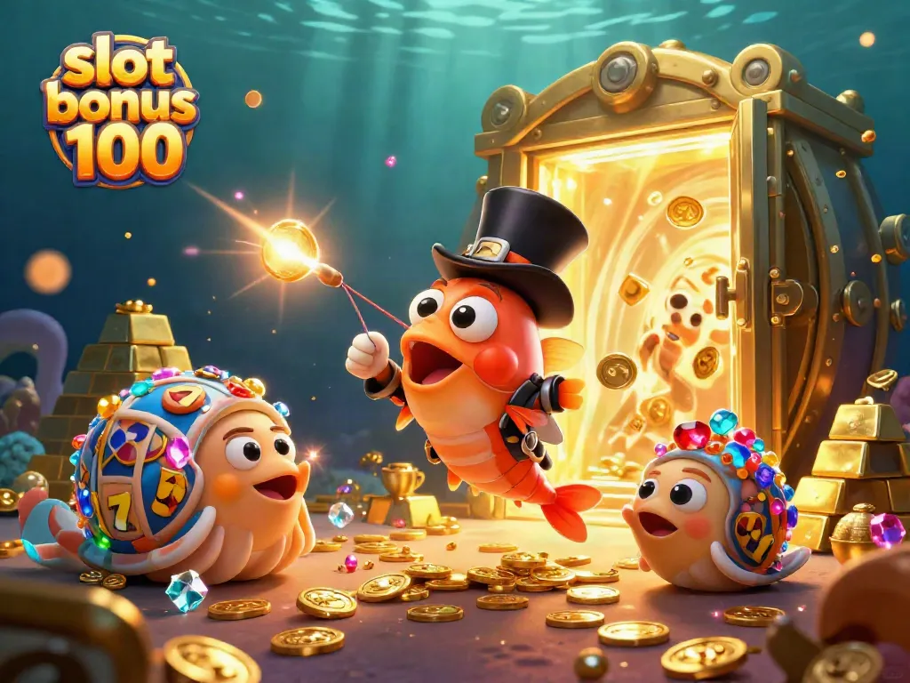 Exciting slots scene featuring glowing lures attracting golden coins, vibrant underwater backdrop, slot bonus 100 theme