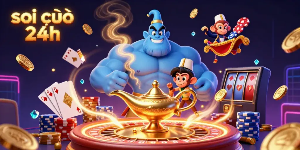 Experience the vibrant casino magic of soi cầu 24h with a muscular genie, poker chips, and golden treasures at play.