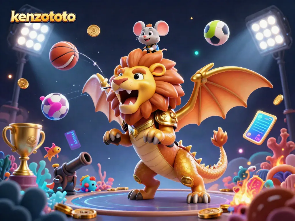 Kenzototo's vibrant 3D fish shooting game scene featuring a golden chimera, sports elements, and dynamic underwater visuals.