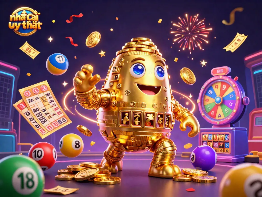 Engage with nhà cái uy tín showcases a vibrant gambling scene with golden elements and dynamic lottery features.