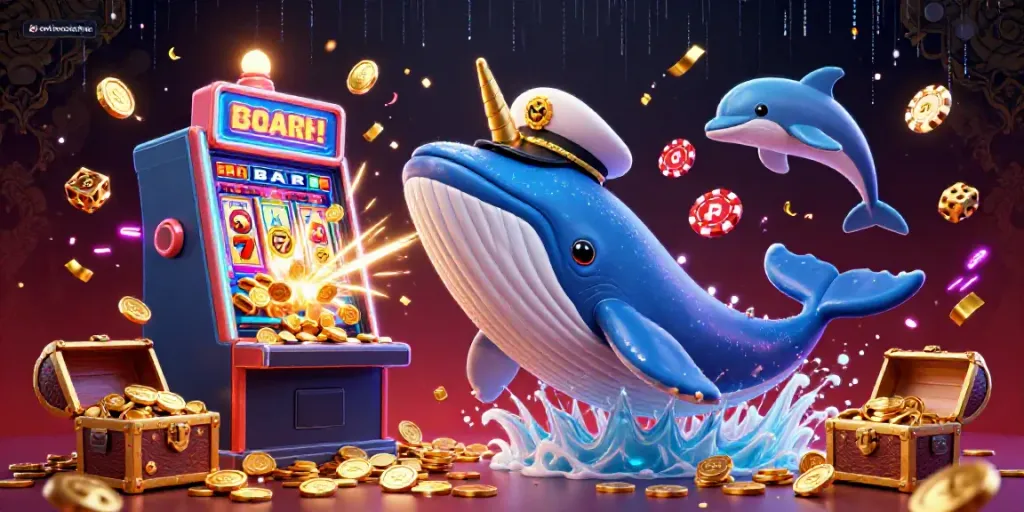 Experience exhilarating gambling fun with keonhacaionline featuring whales, poker chips, and a jackpot explosion.