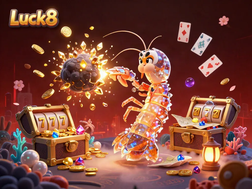 Experience the excitement of Luck8 with a vibrant 3D illustration of a galactic samurai amidst golden treasures and playful game elements.