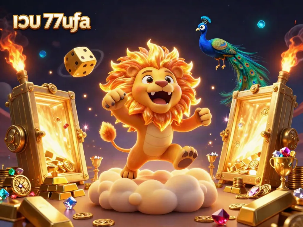 Experience thrilling adventures at เว็บ 77ufa with a vibrant 3D scene of a majestic lion amidst gold and gaming elements.