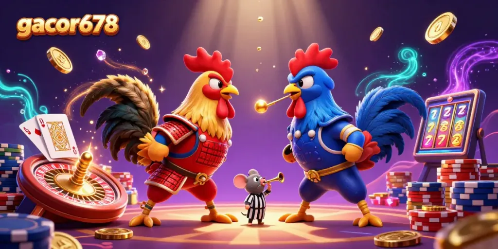 Engage in epic battles with gacor678 featuring 3D roosters amidst sparkling casino elements.
