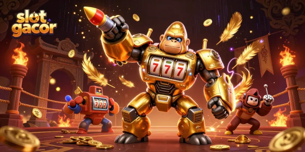 Gorila emas transformer dengan elemen slot gacor meriah dalam pertarungan permainan kasino.