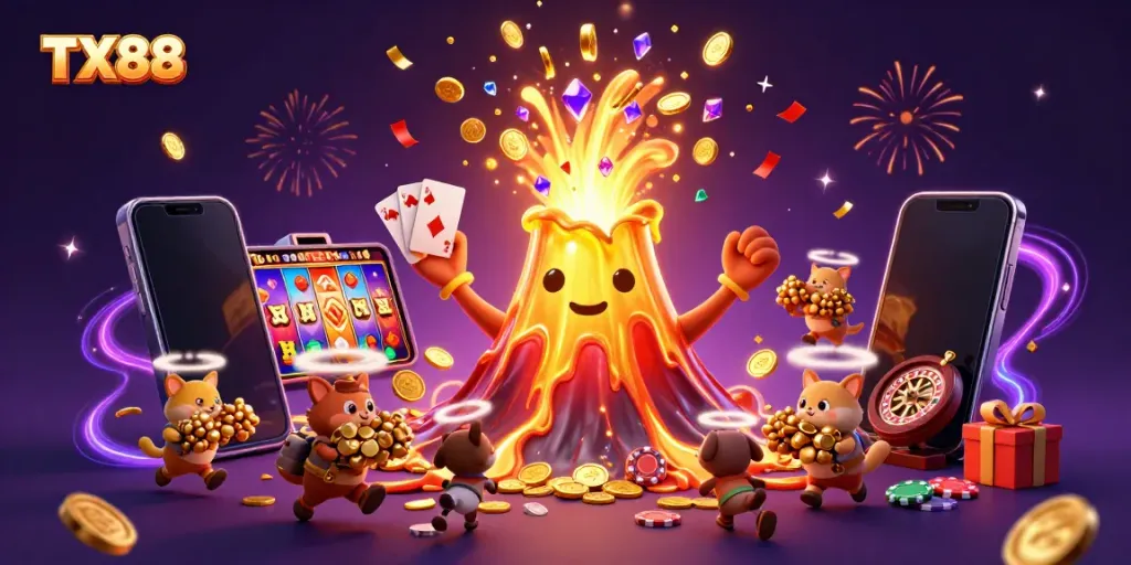 TX88 brings excitement as a golden volcano erupts with treasure in this thrilling casino scene.