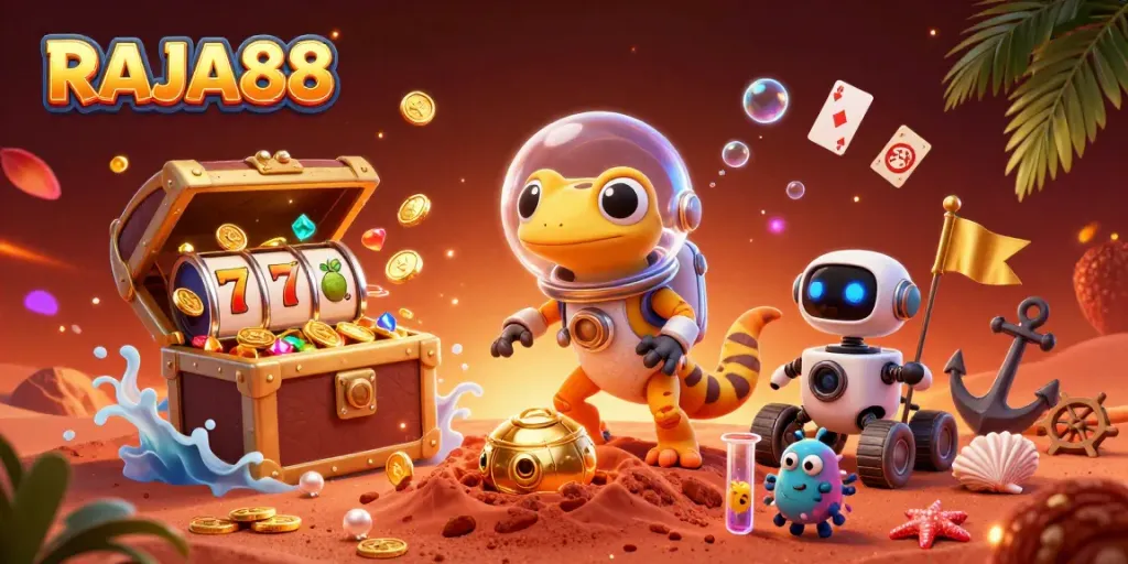 Experience RAJA88's exciting casino adventures with a vibrant Martian gecko in a cosmic setting.