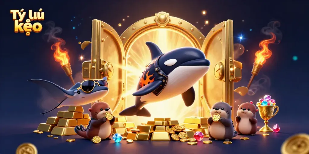 Experience the thrill of Tỷ lệ kèo with a dynamic underwater scene featuring 3D characters and golden treasures.