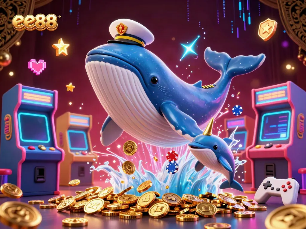 Engage with the ee88 casino experience, featuring a captivating scene of a whale, narwhal, and dolphins amidst vibrant gaming elements.