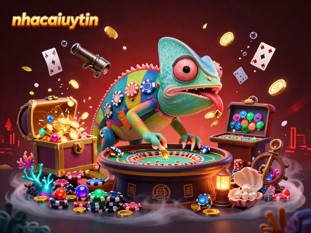 nhacaiuytin guides players through exciting casino games with vibrant chameleon character and treasures.