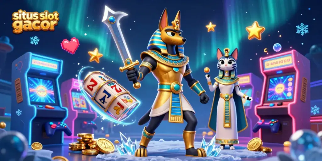 Experience high-energy fun at situs slot gacor with Anubis and Bastet among vibrant slot reels and golden coins.