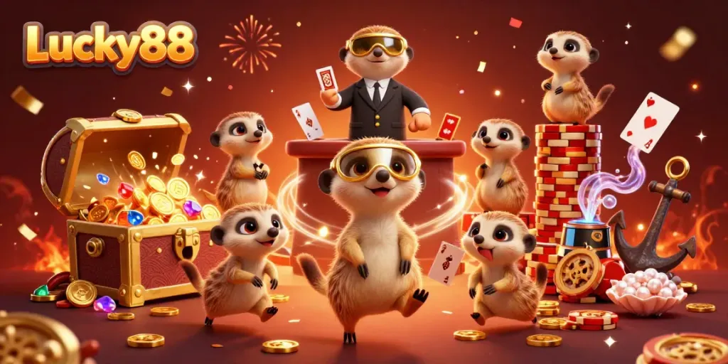 Experience thrilling gameplay at Lucky88 with meerkats managing a vibrant casino atmosphere.