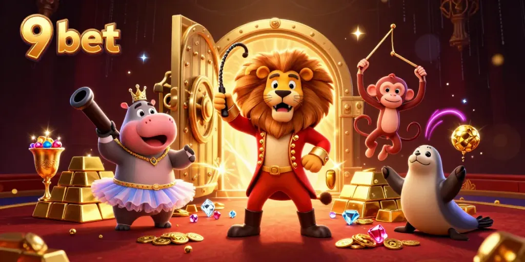 Experience thrilling wins at 9 bet with vibrant themed characters amidst a treasure-filled casino.