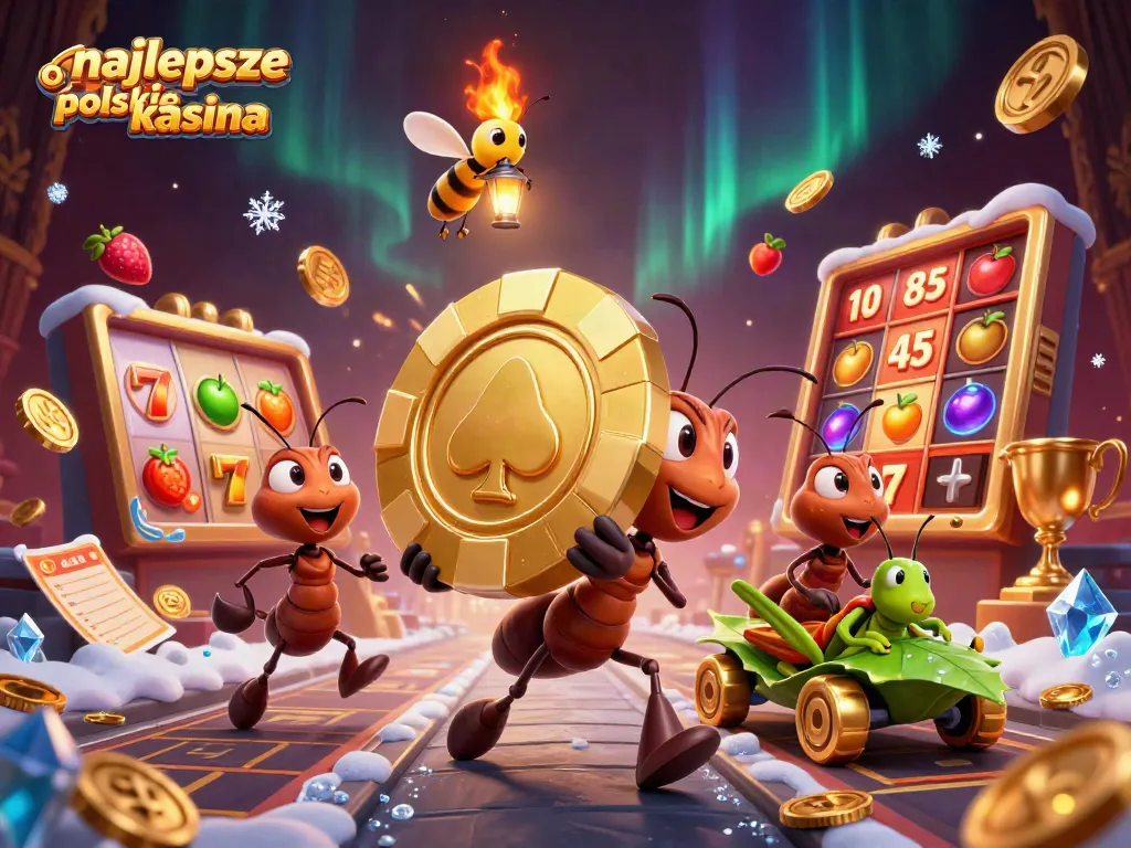 Experience the excitement of najlepsze polskie kasyna with ants carrying a giant poker chip in a fun casino heist scene.