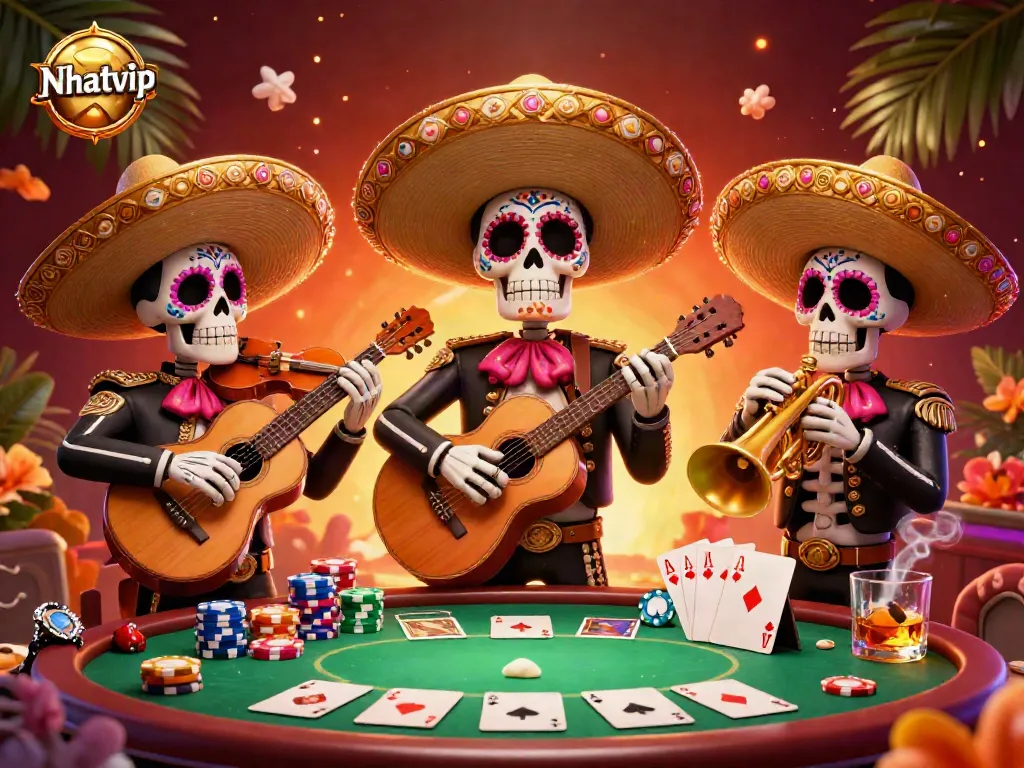 Nhatvip card game experience featuring vibrant mariachi skeletons in a rich casino setting.