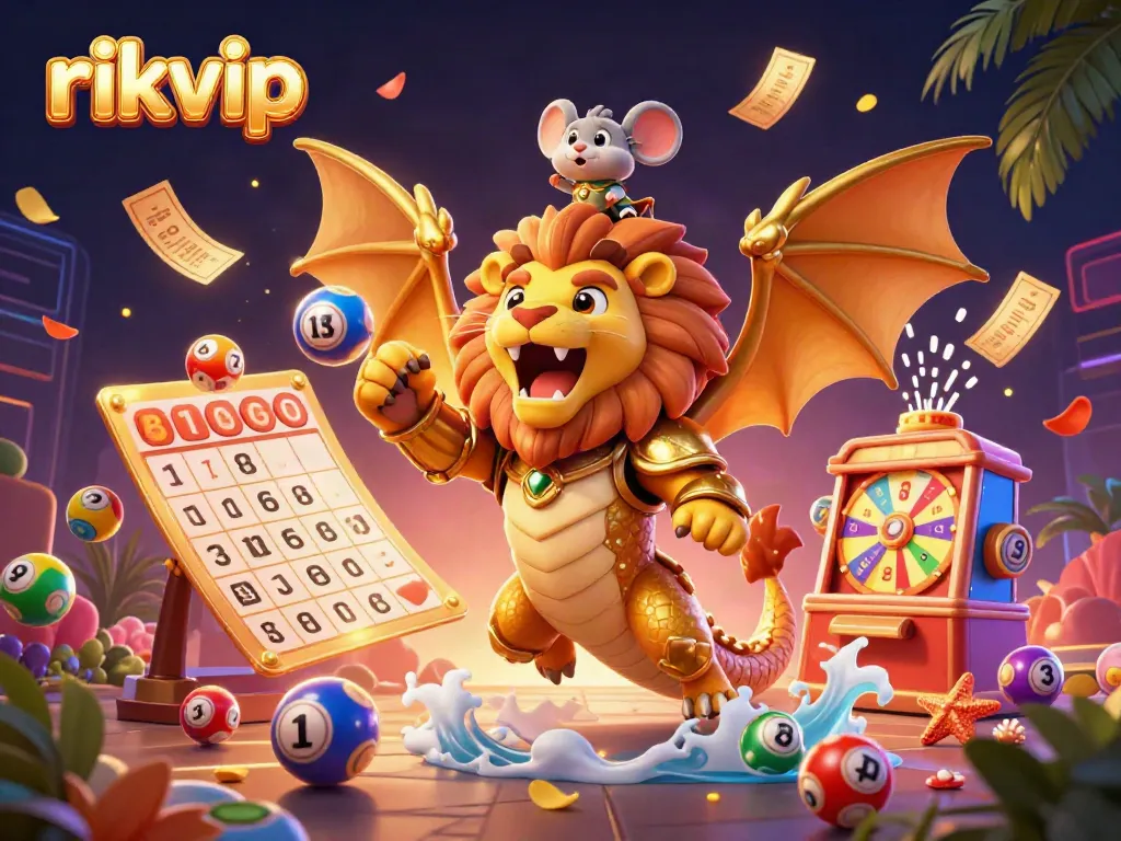 Experience the excitement of rikvip with colorful lottery elements and a roaring chimera in 3D.