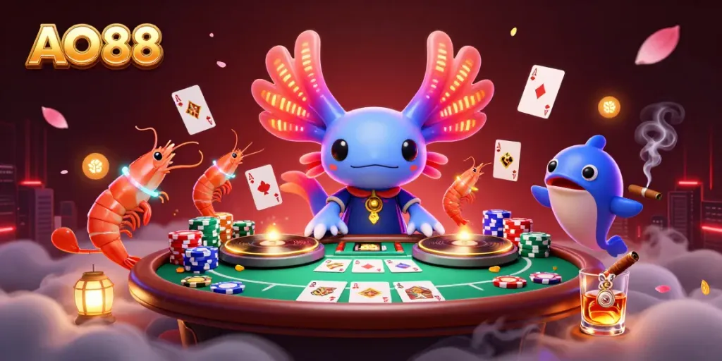 Experience the vibrant atmosphere of AO88 through a dynamic 3D casino illustration featuring energetic characters.