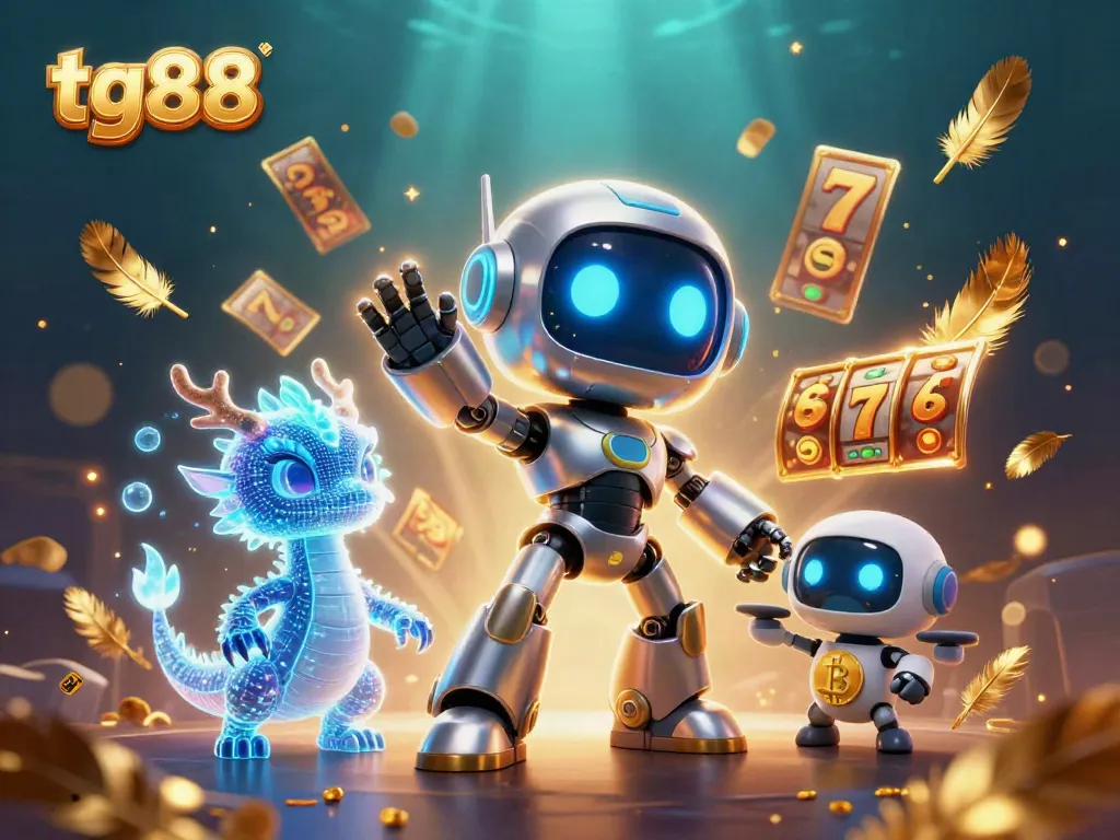 Experience the thrill of slots at tg88 with a cyberpunk robot and AI dragon in vibrant action.