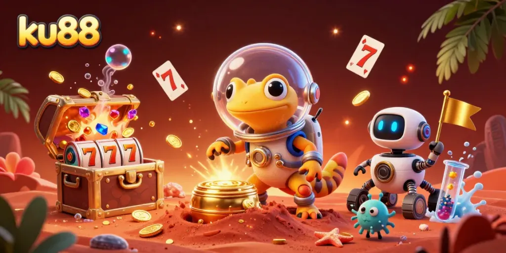 ku88 reveals a Martian gecko discovering a golden casino with slot reels and playful treasures.