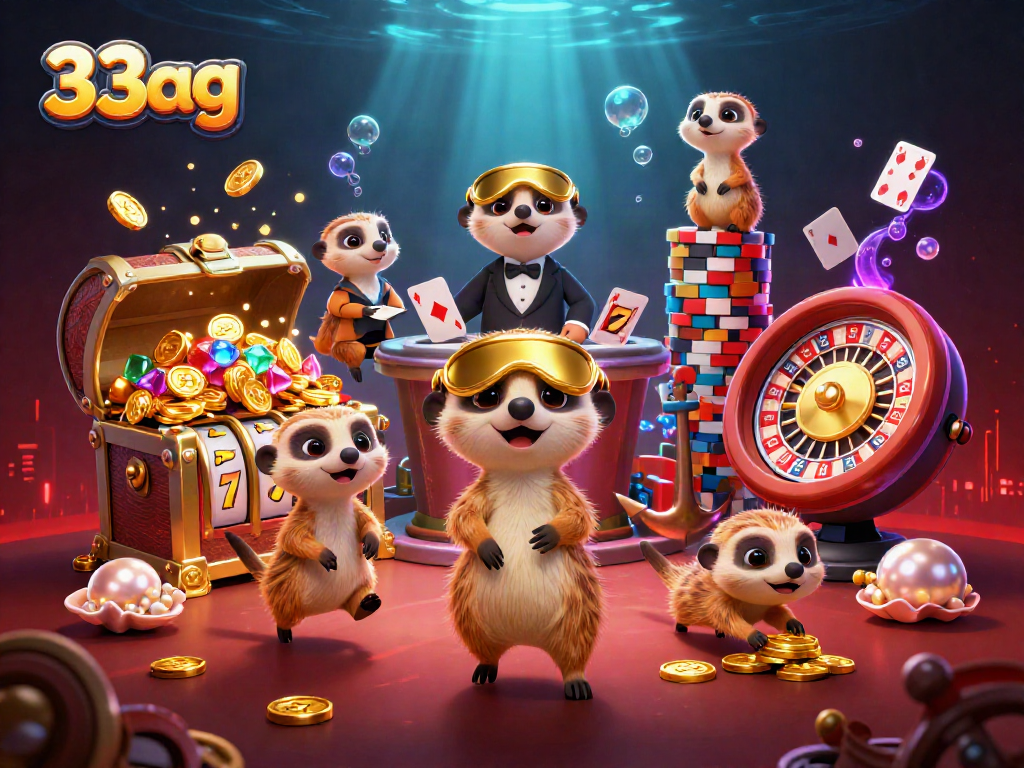 33ag meerkats managing a vibrant casino operation with rich gaming elements and casino motifs