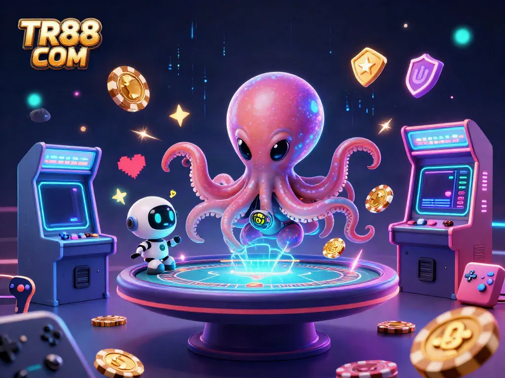 Engage in thrilling gaming at TR88 COM with a vibrant alien octopus running a poker table.