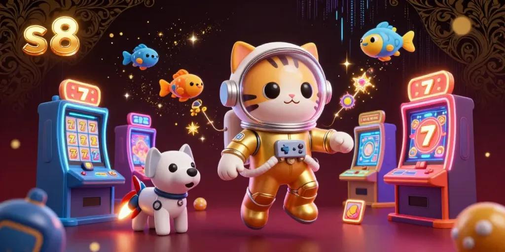 Experience the vibrant world of s 8 with a captivating casino scene featuring a space cat and colorful slot machines.