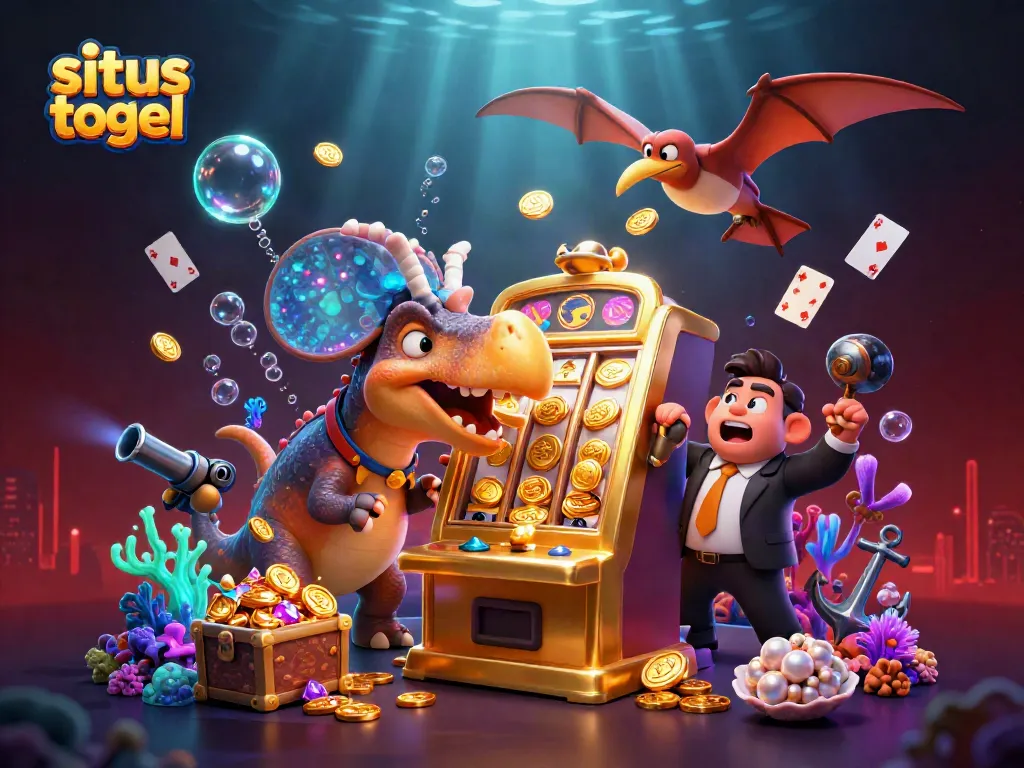 Experience thrilling payouts on situs togel as playful dinosaurs interact in a dynamic casino scene.
