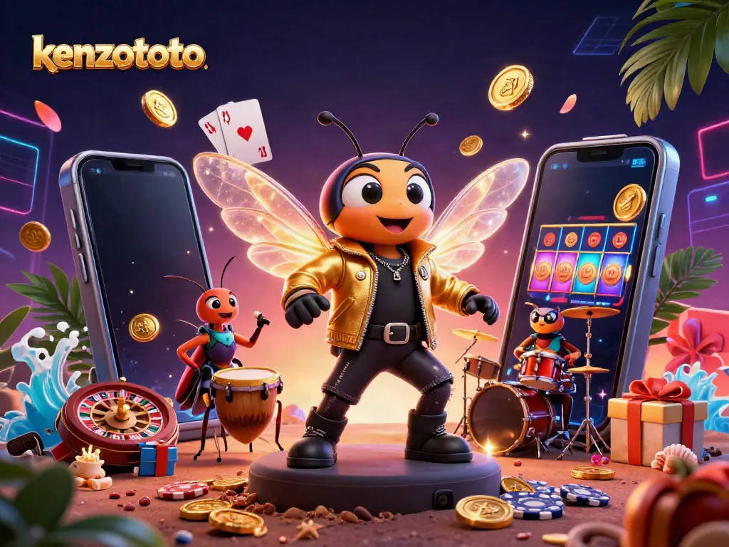 Kenzototo showcases a vibrant 3D illustration of a cicada rock star and casino elements celebrating the thrill of gaming.
